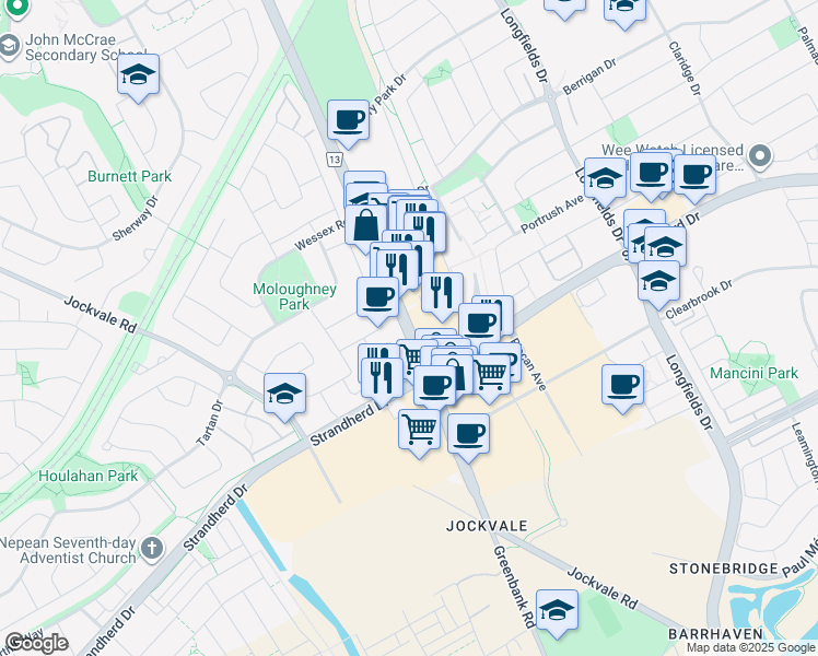 map of restaurants, bars, coffee shops, grocery stores, and more near 1181 Greenbank Road in Ottawa