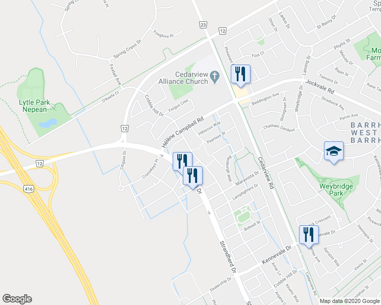 map of restaurants, bars, coffee shops, grocery stores, and more near 102 Hawkshaw Crescent in Ottawa