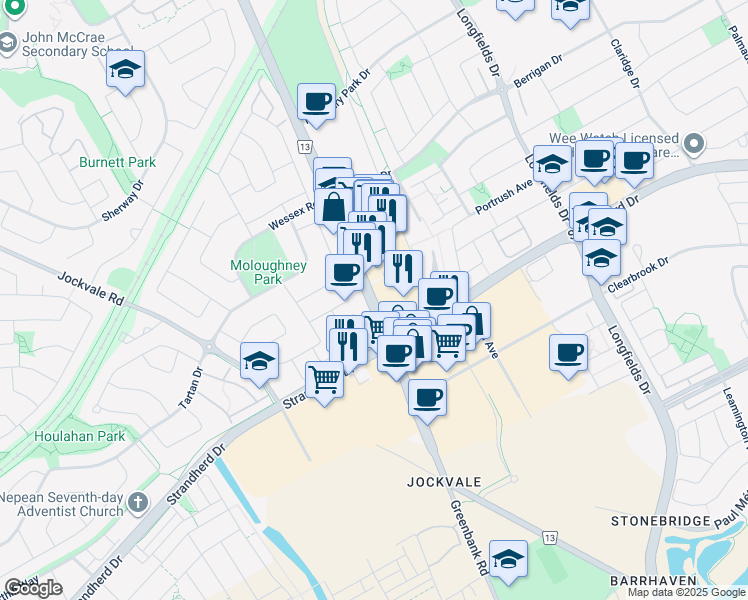 map of restaurants, bars, coffee shops, grocery stores, and more near 66 Benlark Road in Ottawa