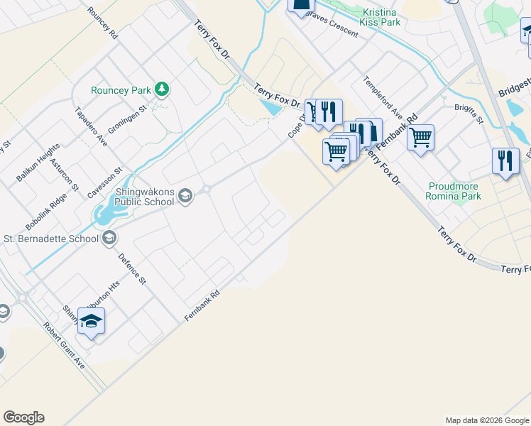 map of restaurants, bars, coffee shops, grocery stores, and more near 852 Atlas Terrace in Ottawa