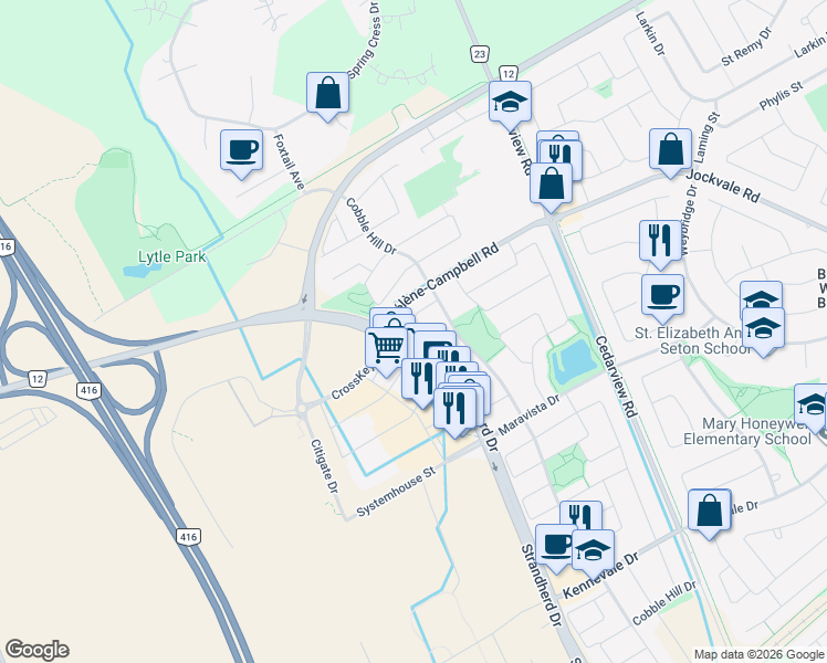 map of restaurants, bars, coffee shops, grocery stores, and more near 145 Hawkshaw Crescent in Ottawa