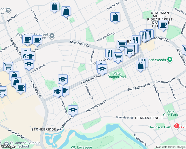 map of restaurants, bars, coffee shops, grocery stores, and more near 541 Chapman Mills Drive in Ottawa