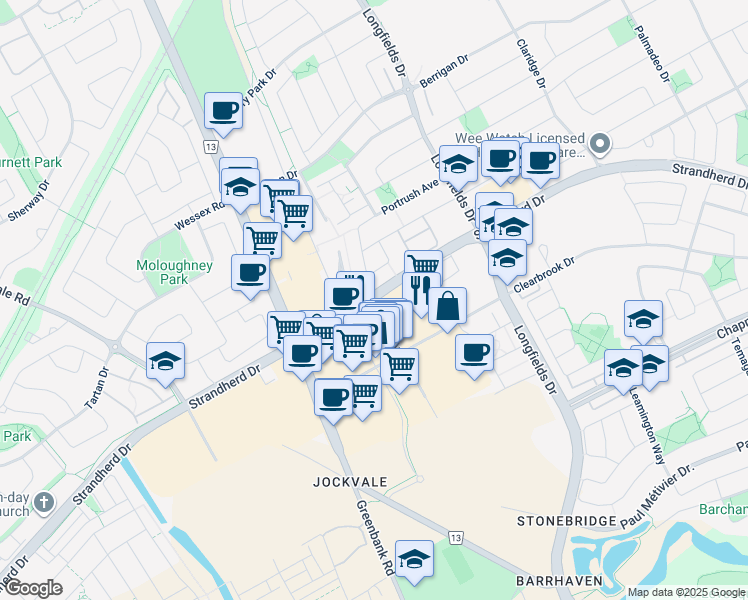 map of restaurants, bars, coffee shops, grocery stores, and more near 81 Riocan Avenue in Ottawa