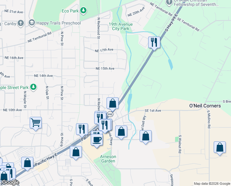 map of restaurants, bars, coffee shops, grocery stores, and more near 1198 North Sycamore Street in Canby