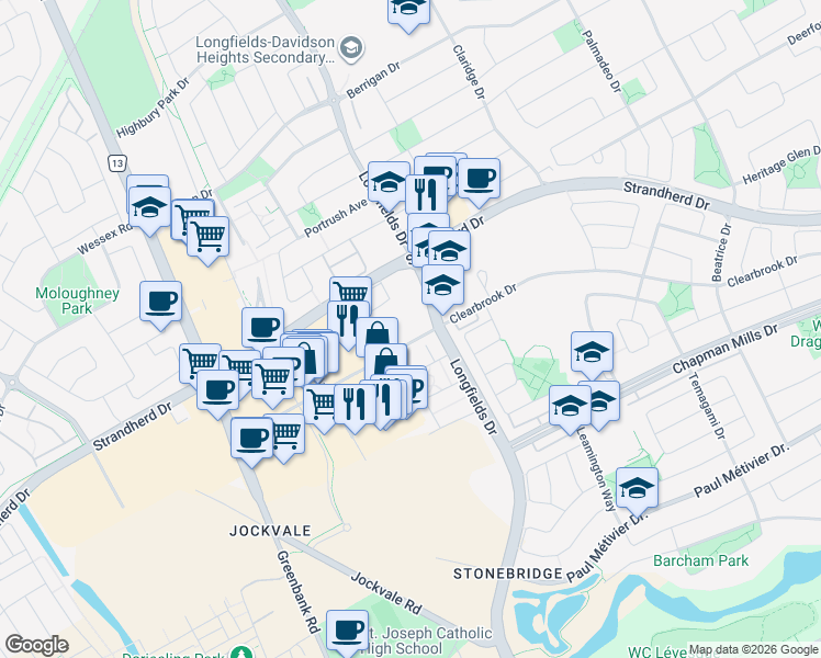 map of restaurants, bars, coffee shops, grocery stores, and more near 150 Marketplace Avenue in Ottawa