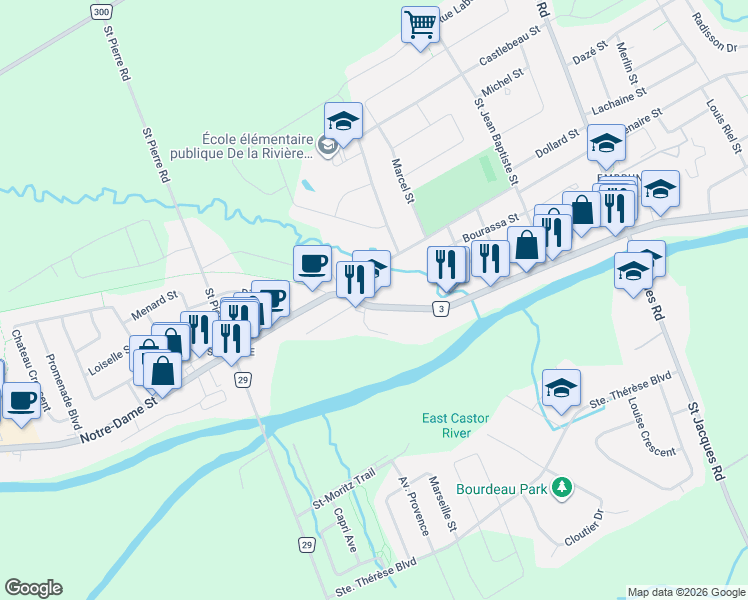 map of restaurants, bars, coffee shops, grocery stores, and more near 921 Notre-Dame Street in Russell