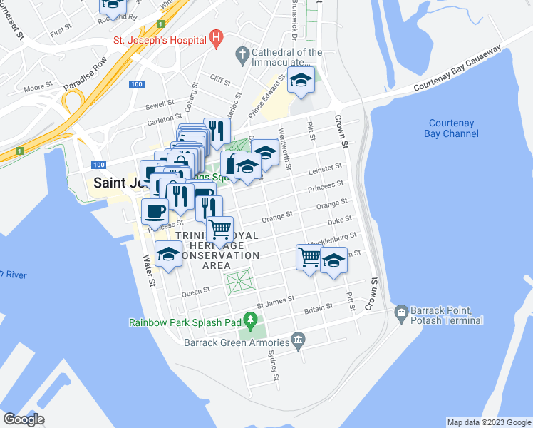 map of restaurants, bars, coffee shops, grocery stores, and more near 105 Carmarthen Street in Saint John