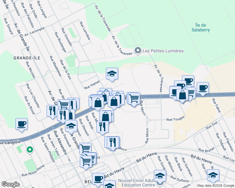map of restaurants, bars, coffee shops, grocery stores, and more near 1515 Boulevard Monseigneur-Langlois in Salaberry-de-Valleyfield
