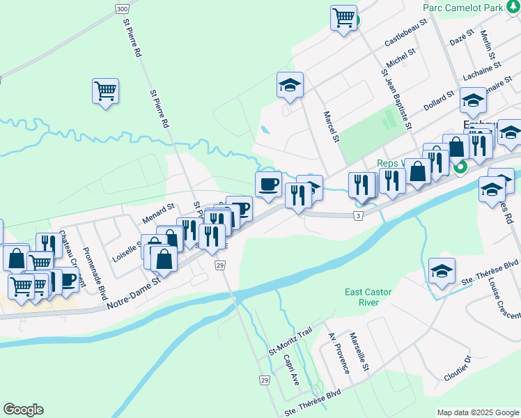 map of restaurants, bars, coffee shops, grocery stores, and more near 891a County Road 3 in Embrun