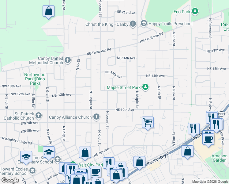map of restaurants, bars, coffee shops, grocery stores, and more near 1120 North Lupine Court in Canby