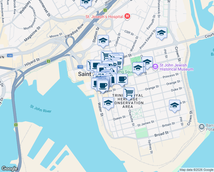 map of restaurants, bars, coffee shops, grocery stores, and more near 38 Canterbury Street in Saint John