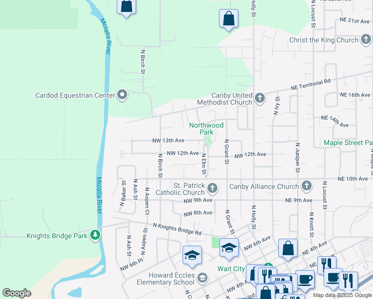 map of restaurants, bars, coffee shops, grocery stores, and more near 615 Northwest 12th Avenue in Canby