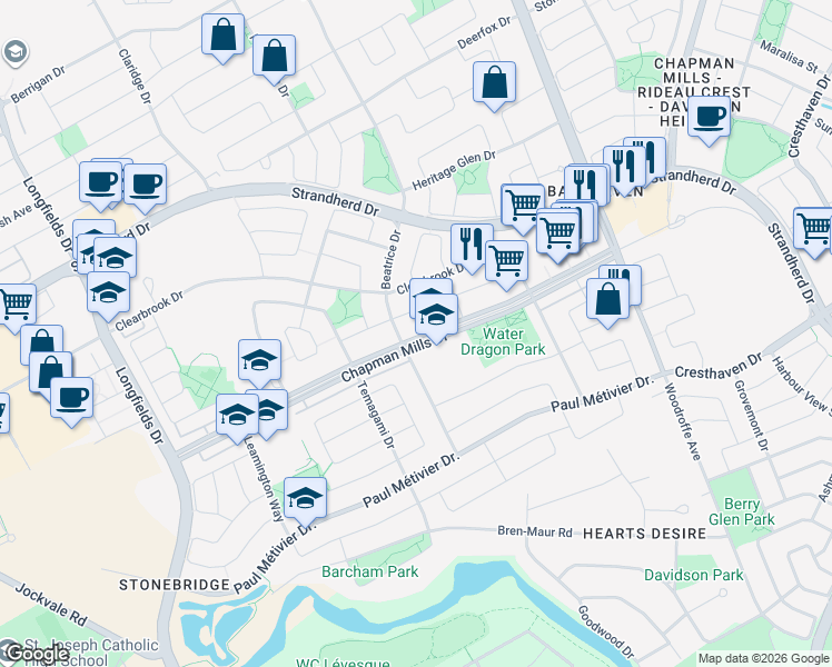 map of restaurants, bars, coffee shops, grocery stores, and more near 515b Chapman Mills Drive in Ottawa