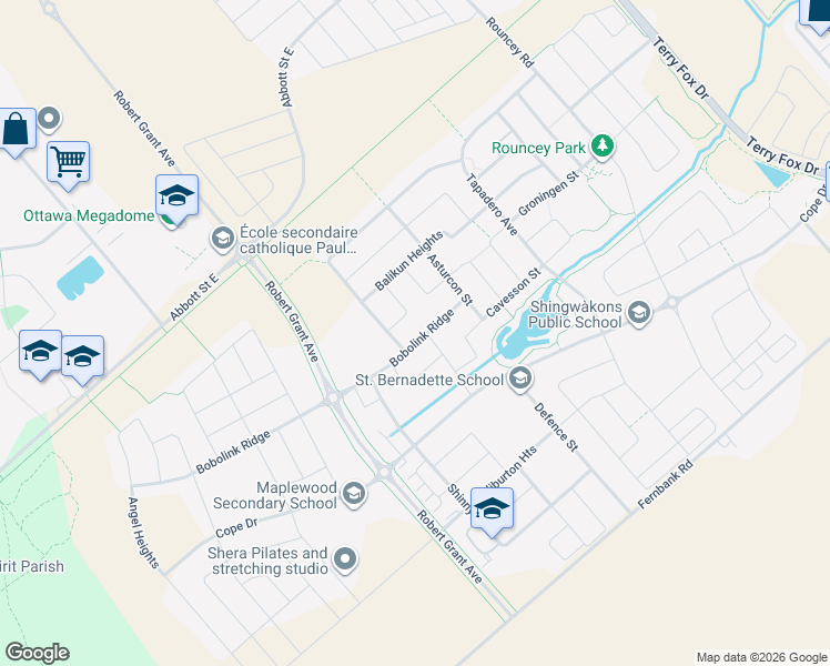 map of restaurants, bars, coffee shops, grocery stores, and more near 330 Bobolink Ridge in Ottawa