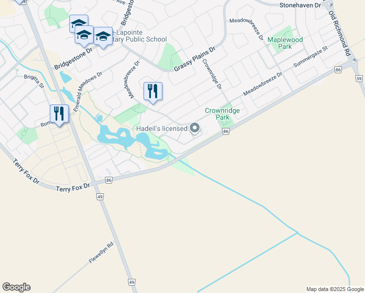 map of restaurants, bars, coffee shops, grocery stores, and more near 358 Hillsboro Private in Ottawa