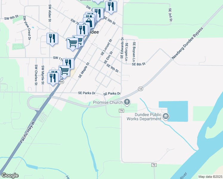 map of restaurants, bars, coffee shops, grocery stores, and more near 1090 Southeast Ash Street in Dundee