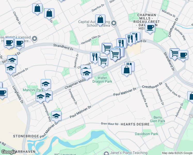 map of restaurants, bars, coffee shops, grocery stores, and more near 424 Chapman Mills Drive in Ottawa
