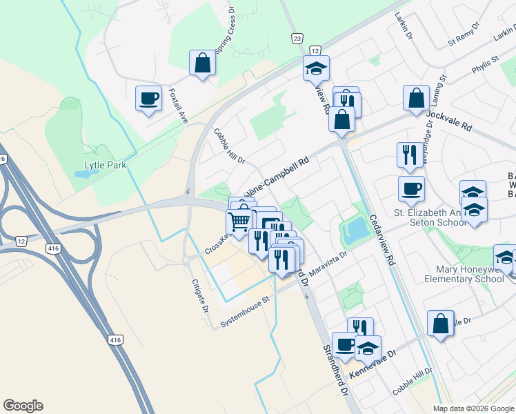 map of restaurants, bars, coffee shops, grocery stores, and more near 145 Hawkshaw Crescent in Ottawa