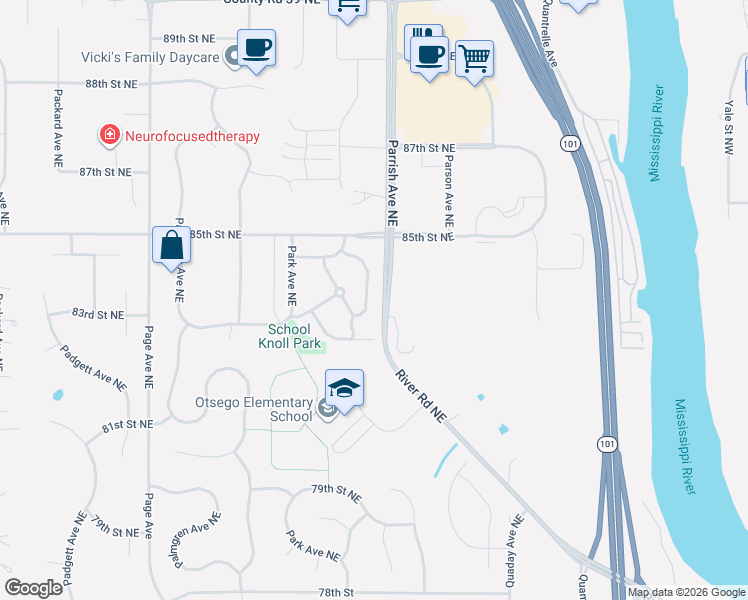 map of restaurants, bars, coffee shops, grocery stores, and more near 8238 Parkington Avenue Northeast in Otsego