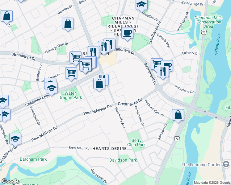 map of restaurants, bars, coffee shops, grocery stores, and more near Serena Way in Ottawa