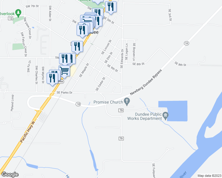 map of restaurants, bars, coffee shops, grocery stores, and more near 1092 Southeast Ash Street in Dundee
