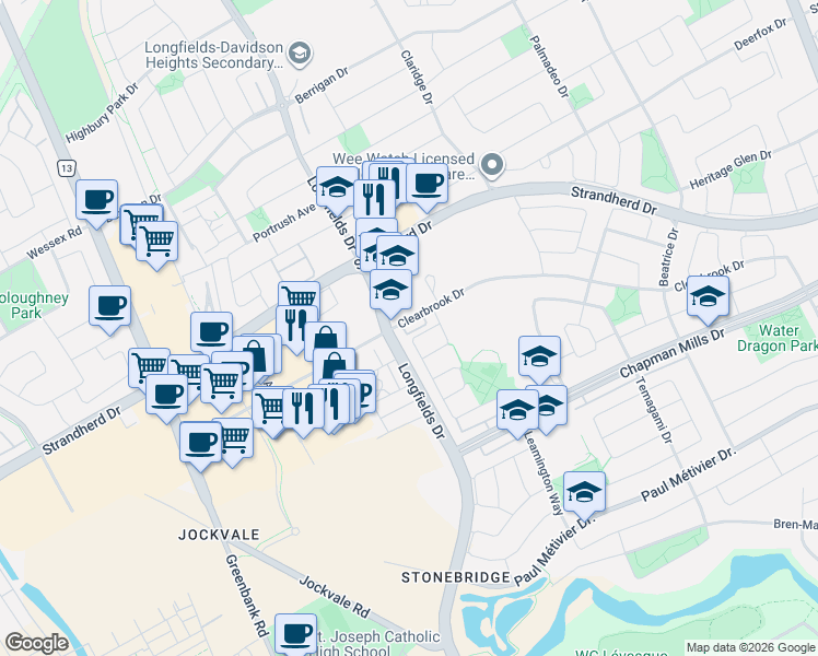 map of restaurants, bars, coffee shops, grocery stores, and more near 528 Clearbrook Drive in Ottawa