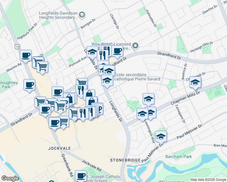map of restaurants, bars, coffee shops, grocery stores, and more near 522 Clearbrook Drive in Ottawa