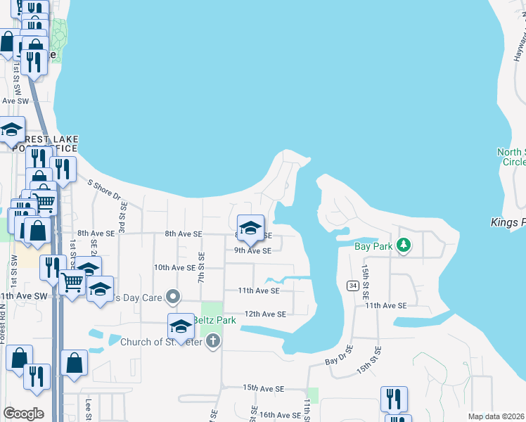 map of restaurants, bars, coffee shops, grocery stores, and more near 785 9th Street Southeast in Forest Lake