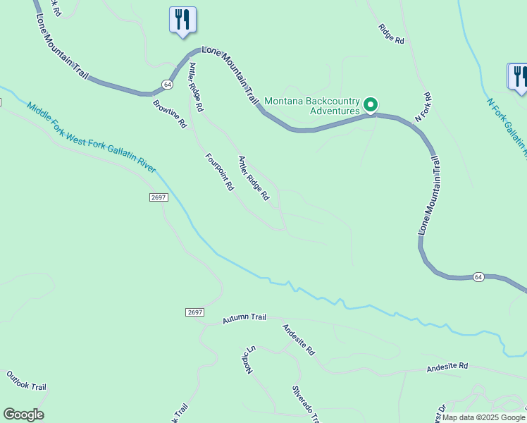 map of restaurants, bars, coffee shops, grocery stores, and more near 495 Fourpoint Road in Big Sky