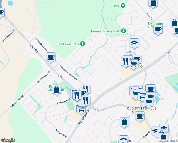 map of restaurants, bars, coffee shops, grocery stores, and more near 257 Kimpton Drive in Ottawa