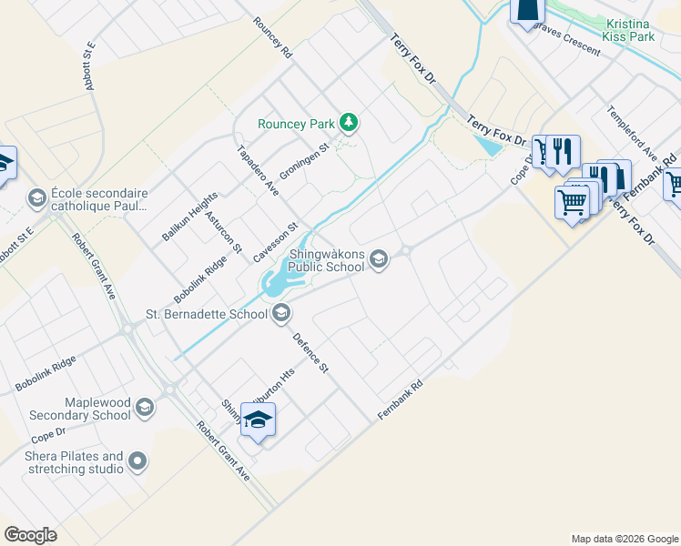 map of restaurants, bars, coffee shops, grocery stores, and more near 513 Cope Drive in Ottawa