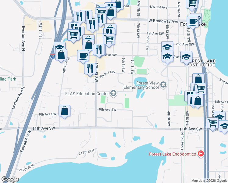 map of restaurants, bars, coffee shops, grocery stores, and more near 943 9th Avenue Southwest in Forest Lake