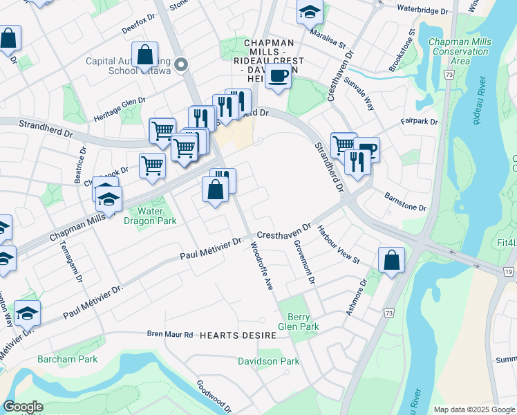 map of restaurants, bars, coffee shops, grocery stores, and more near 259 Serena Way in Ottawa