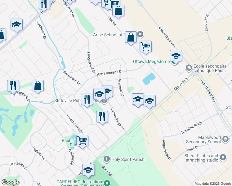map of restaurants, bars, coffee shops, grocery stores, and more near 17 Ammolite Street in Ottawa