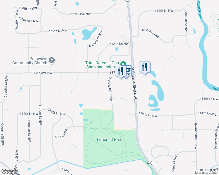 map of restaurants, bars, coffee shops, grocery stores, and more near 16600 Quicksilver Street Northwest in Ramsey