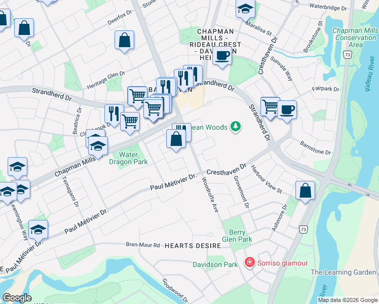 map of restaurants, bars, coffee shops, grocery stores, and more near in Ottawa