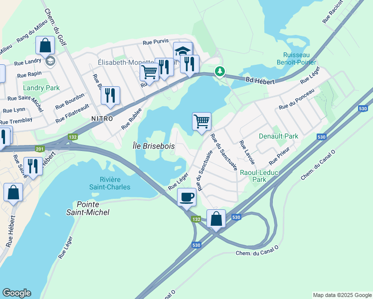 map of restaurants, bars, coffee shops, grocery stores, and more near Rue Saint-Jude in Salaberry-de-Valleyfield