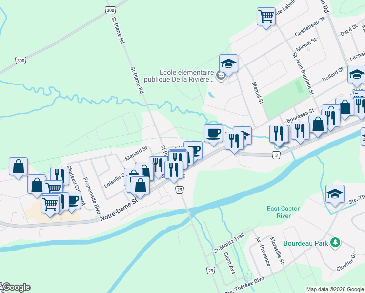 map of restaurants, bars, coffee shops, grocery stores, and more near 34 Dignard Street in Embrun