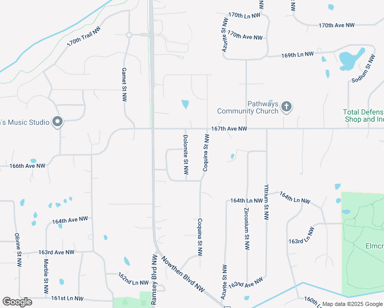 map of restaurants, bars, coffee shops, grocery stores, and more near 16611 Dolomite Street Northwest in Ramsey