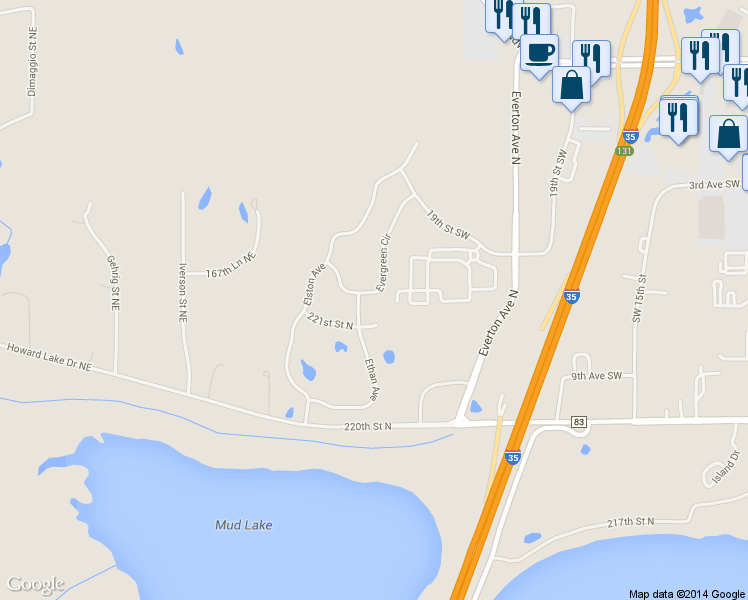 map of restaurants, bars, coffee shops, grocery stores, and more near 22095 Ethan Court in Forest Lake