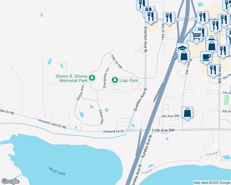 map of restaurants, bars, coffee shops, grocery stores, and more near 22269 Lilac Court in Forest Lake
