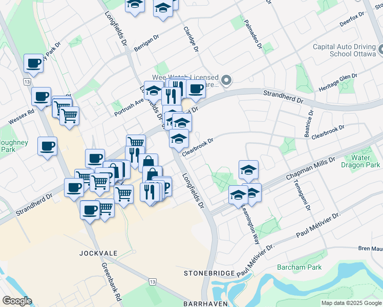 map of restaurants, bars, coffee shops, grocery stores, and more near 484 Clearbrook Drive in Ottawa