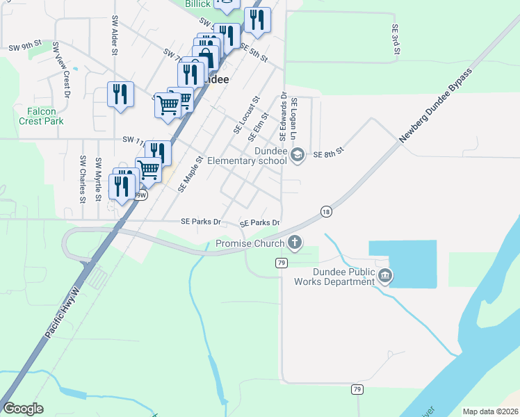 map of restaurants, bars, coffee shops, grocery stores, and more near 1074 Southeast Ash Street in Dundee