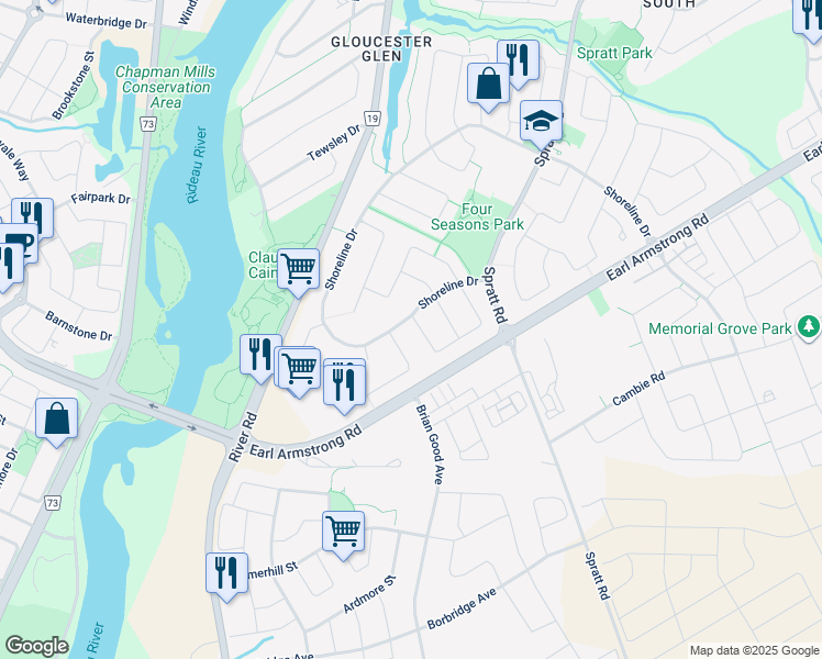 map of restaurants, bars, coffee shops, grocery stores, and more near 811 Schooner Crescent in Ottawa