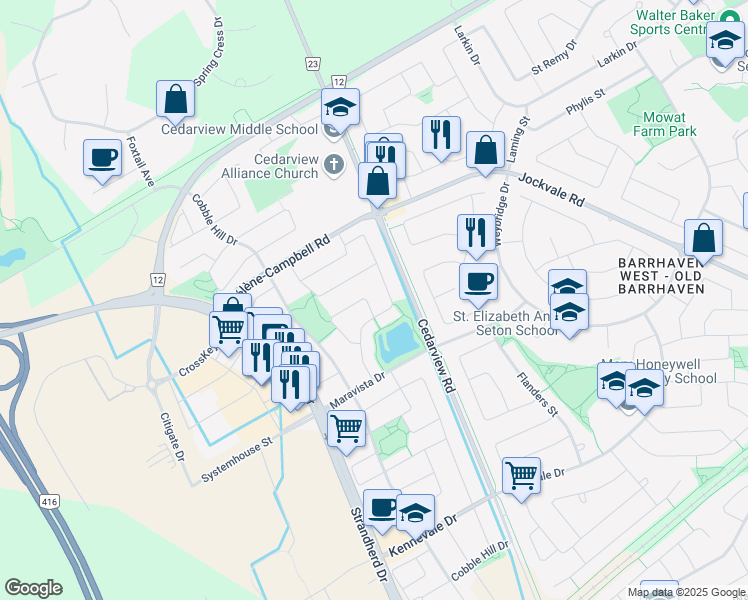map of restaurants, bars, coffee shops, grocery stores, and more near 541 Bretby Crescent in Ottawa