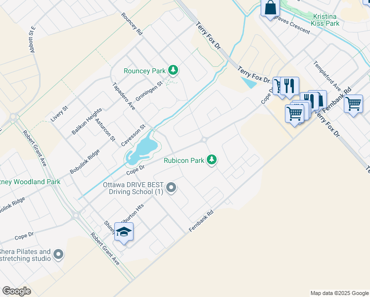 map of restaurants, bars, coffee shops, grocery stores, and more near Cope Drive in Ottawa