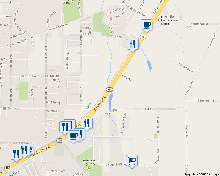 map of restaurants, bars, coffee shops, grocery stores, and more near 23220 Highway 99E in Canby