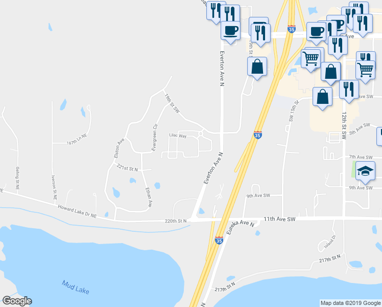 map of restaurants, bars, coffee shops, grocery stores, and more near 22269 Lilac Court in Forest Lake