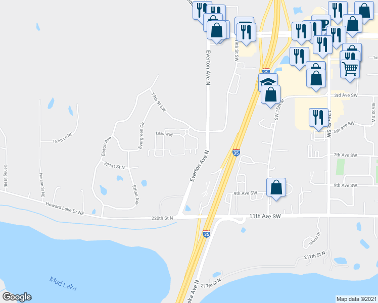 map of restaurants, bars, coffee shops, grocery stores, and more near 22273 Cameo Court in Forest Lake