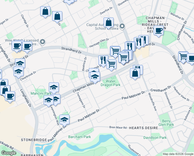 map of restaurants, bars, coffee shops, grocery stores, and more near 821 Taradale Drive in Ottawa